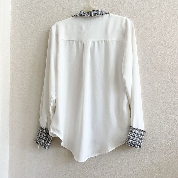 Ellen Tracy Button-Up Tweed Trim Tunic Blouse White Black Size Small - Picture 9 of 10